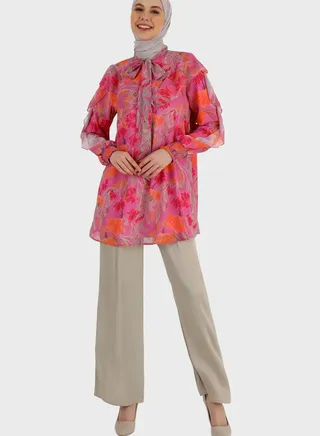 Waterfall Trim Floral Print Top 