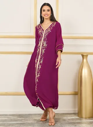 Handwork Beaded Detail Lace Embroidered Kaftan with Layered Sleeves 