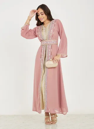 Hand Embroidered Beaded Kaftan & Under Dress Set 