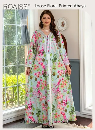 Women's V-Neck Long-Sleeved Dress Floral Pattern Embroidery Front Arabian Robe 