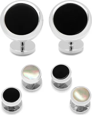 Men's Double Sided Round Beveled Cufflink and Stud Set