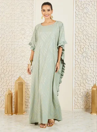 Foil Print Ruffle Trim Detail Kaftan 