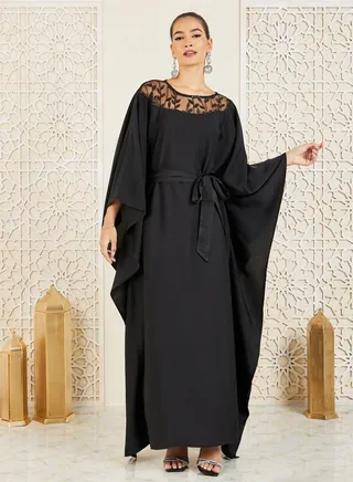 Embroidered Mesh Neckline Kaftan with Self Tie Up 