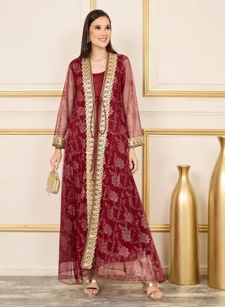Embroidered Lace Sheer Mesh Tie Up Kaftan 