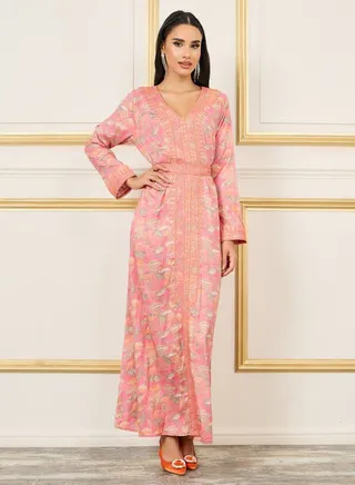 Embroidered All Over Print Belted Kaftan 