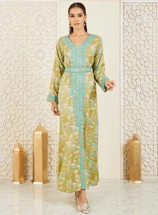 Embroidered Printed Jalabiya with Waist Belt 