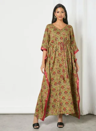 Trendy Modest V-Neck Kaftan Multicolour 