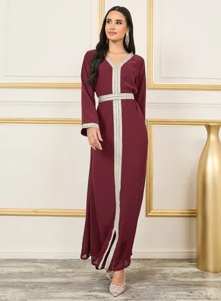 Embroidered Lace Rhinestone Detail Kaftan 