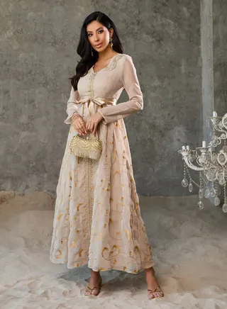 Embroidered Lace Trim Satin Self Tie Up Jalabiya 