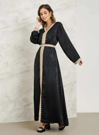 Lace Trim Kaftan with Tie Belt 