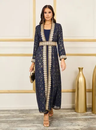 Foil Print Thread Embroidered Stone Detail Belted Kaftan 