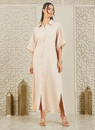 Striped Texture Collared Batwing Sleeves Kaftan with Side Slit 