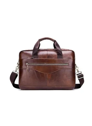14 Inch Handheld Computer Briefcase Men Leather Water Resistant Soft Messenger Bag (Brown) 