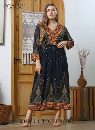 Women's Plus Size Dress Peacock Feather Printing Long Loose Long Sleeve V Neck Elegant Dresses Waist Elastic Band Design for Spring Summer Daily Wear Multicolor 