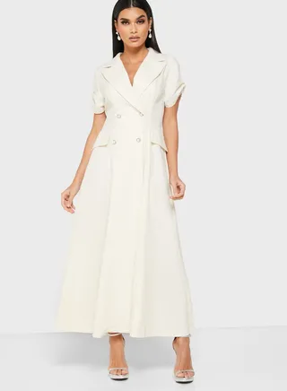 Wrap Front Double Breasted Maxi Dress Off-White 