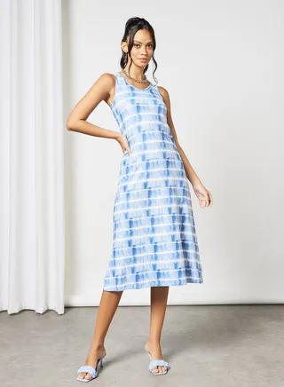 Casual Sleeveless Tie Dye Long Evening Maxi Knit Dress N3 Lite Blue/White 
