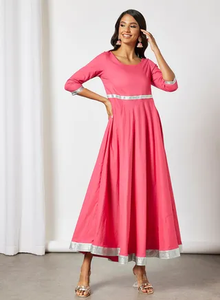 Metallic Trim Flared Maxi Dress Pink/Orange 