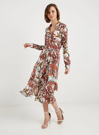 Printed Long Sleeves Midi Dress Brown/White 
