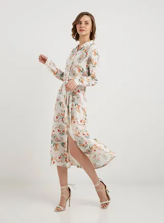 Printed Long Sleeves Midi Dress White/Orange 