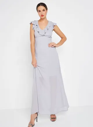 Ruffled V-Neck Maxi Dress Grey 