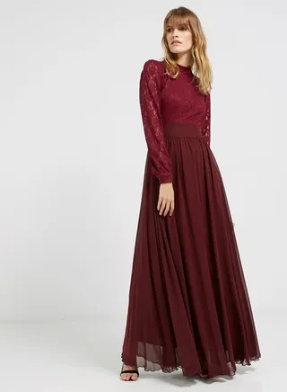 Lace Detailed Long Sleeves Maxi Dress Maroon 