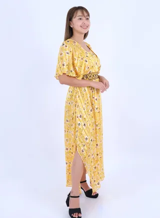 Women’s Floral Slit Elastic Waist Maxi Dress  in Yellow Flower 