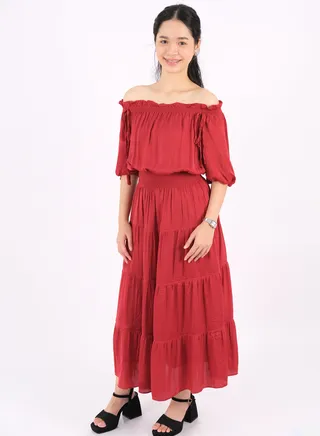 Women’s Pleated Off Shoulder Neck Dress in Rio Red 