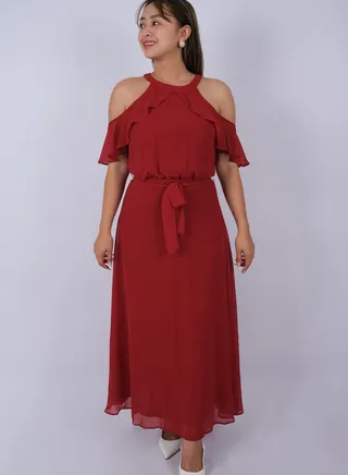 Women’s Off Shoulder Rear Zip Dress in Rio Red 