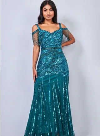 Chloe Maxi Teal Bridesmaids Wedding Guest 1920s Vintage Inspired Great Gatsby Art Deco Charleston Swing Fringe Bridesmaids Dress Bohemian 