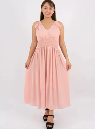 Women’s Elastic Waist Pleated Maxi Dress in Mellow Rose 