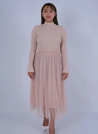 Women’s Pleated Elastic Waist Band Jersey Dress in Sepia Rose 