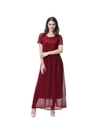 Round Neck Short Sleeve Chiffon Dress Wine Red 