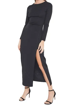 Patterned Glitter Long Sleeve Slit Dress Black 