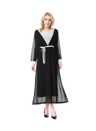V-Neck Long Sleeve Chiffon Dress Black 