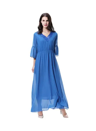 V-Neck Three-Quarter Sleeve Chiffon Dress Lake Blue 