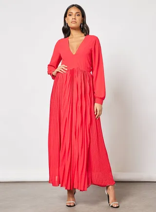 Ripple Pleat Maxi Dress Red 