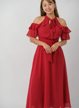Women’s Off Shoulder Tie-up Neck Dress in Rio Red 