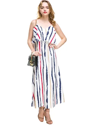 Spaghetti Strapped Print Design Sleeveless Dress Multicolour 