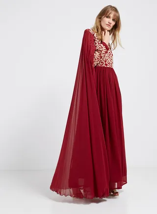 Flared Hemline Long Sleeves Maxi Dress Maroon/Gold 