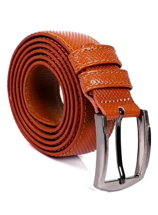 Silver Buckle Swlf Patterned  Leather Belt - Havana 