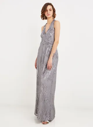 Halter Neck Sequin Dress Silver 