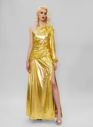 Shiny Gold Stretch Front Slit Dress 