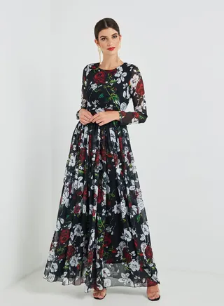 Floral Printed Maxi Dress Black/White/Red 