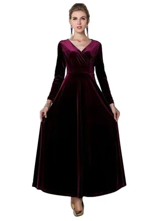 Solid Velvet Draped Long Sleeve A-Line Dress Wine Red 