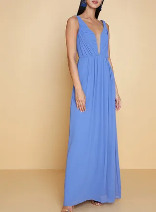 Pleated Mesh Panel Maxi Dress Blue 