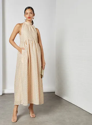 Textured Sleeveless Dress Beige 