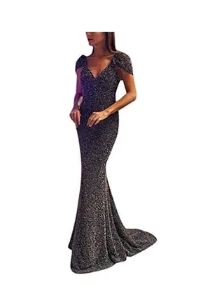 Women Sleeveless Deep V-Neck Mermaid Cocktail Prom Gown Dress Black 