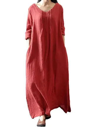 Autumn Long Sleeves Cotton Retro Boho Maxi Dress G9543R Red 