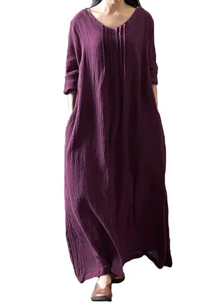 Autumn Long Sleeves Cotton Retro Boho Maxi Dress G9543PU Purple 