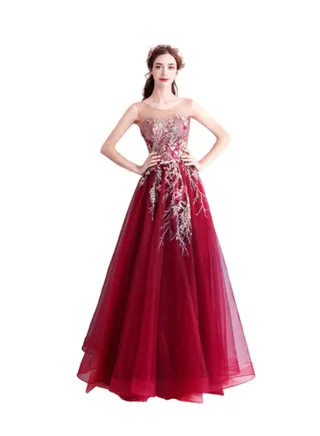 Embroidered Golden Leaves Evening Dress Red 